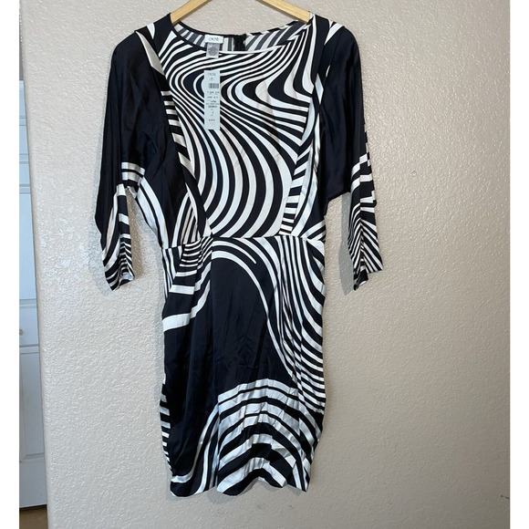 NWT Vintage Cache Silk Blend Sheath Dress Womens 2 Black White Wavy Design - Picture 4 of 11